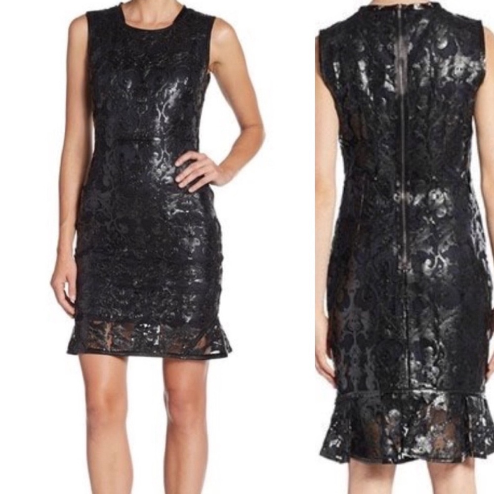 Elie Tahari size 8 NWT Black Leather Filigree Lace Sleeveless Sheath Dress